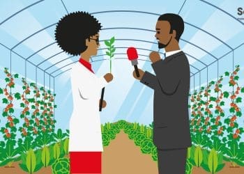 Reporting science - journalist interviewing scientists in lab