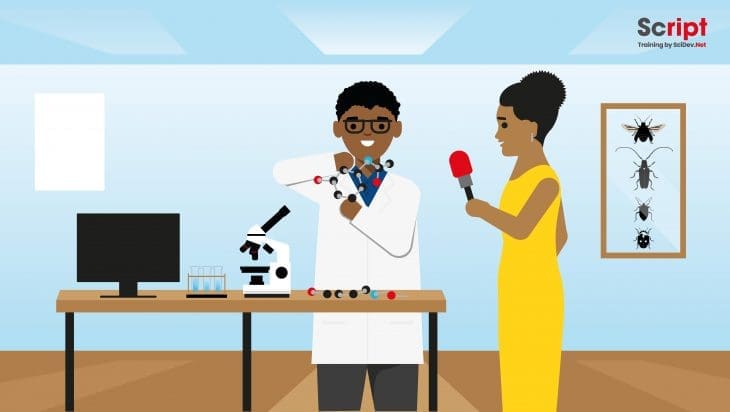 Journalist interviewing a scientist in a laboratory for a simple science news story.